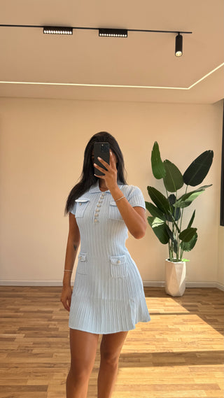 Short Sleeve Knitted Mini Dress with Collar and Pearl Button Pockets