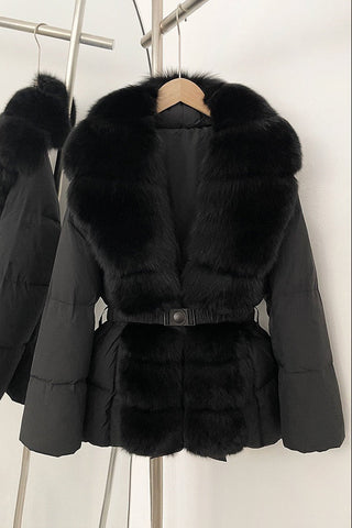 Belted Puffer Jacket with Faux Fox Fur Collar and Front Panel