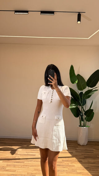 Short Sleeve Knitted Mini Dress with Collar and Pearl Button Pockets