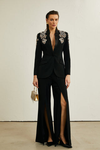 Crystal Embellished Tailored Blazer and Wide-Leg Pants Set – Long Sleeve Formal Suit