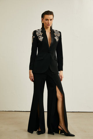 Crystal Embellished Tailored Blazer and Wide-Leg Pants Set – Long Sleeve Formal Suit