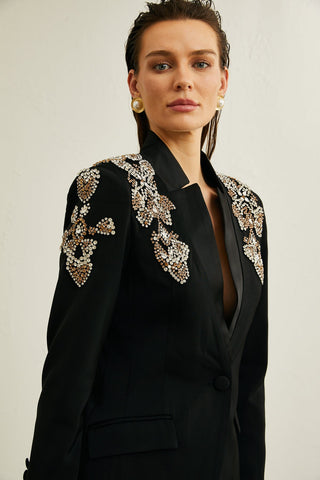 Crystal Embellished Tailored Blazer and Wide-Leg Pants Set – Long Sleeve Formal Suit