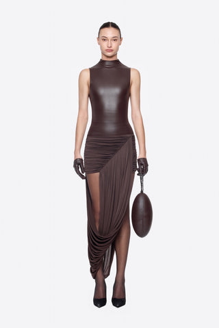 High Neck Faux Leather Mini Dress with Draped Asymmetric Skirt