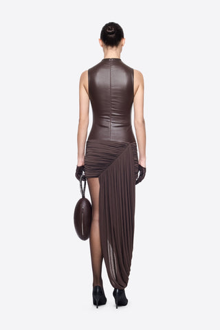 High Neck Faux Leather Mini Dress with Draped Asymmetric Skirt