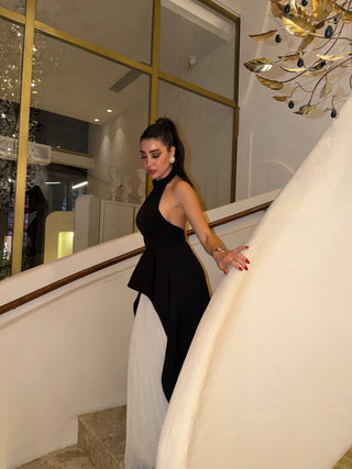 High-Neck Layered dress with Pleated Skirt