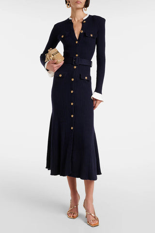 Long Sleeve Ribbed Knit Button-Down Midi Dress with Belt and Contrast Cuffs