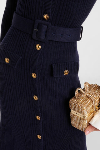 Long Sleeve Ribbed Knit Button-Down Midi Dress with Belt and Contrast Cuffs