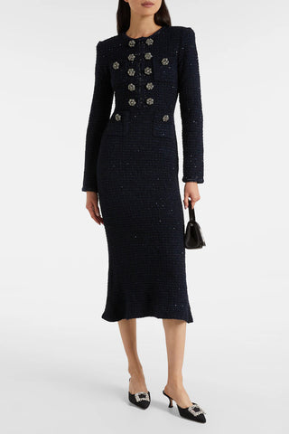 Embellished Tweed Long Sleeve Midi Dress with Jewel Buttons