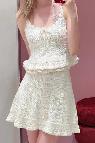 Ivory Crochet Knit Camisole & Lace-Up Skirt Set – Scalloped Straps, Ruffle Hem