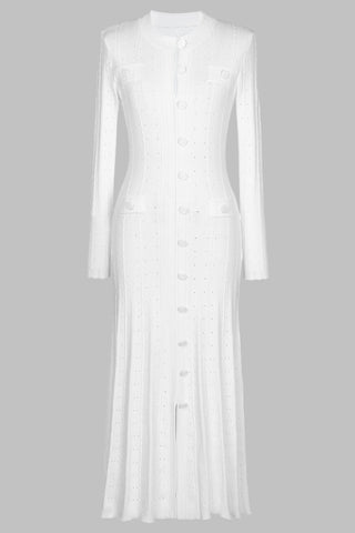 Long Sleeve Knitted Midi-Long Button Dress with Pocket Detail