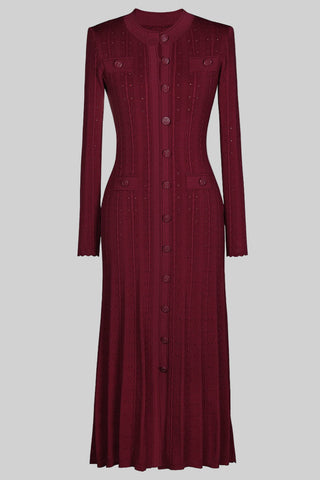 Long Sleeve Knitted Midi-Long Button Dress with Pocket Detail