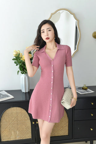 Fitted Knitted Short Sleeve Polo Mini Dress with Shimmering Button Front and Soft Stretch