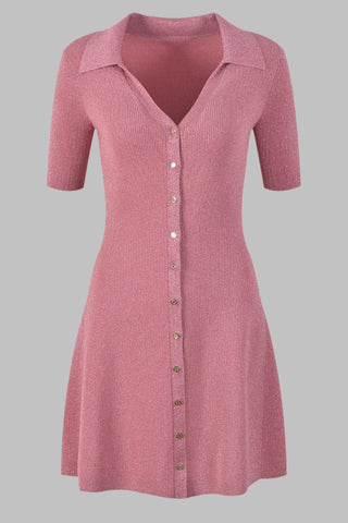 Fitted Knitted Short Sleeve Polo Mini Dress with Shimmering Button Front and Soft Stretch