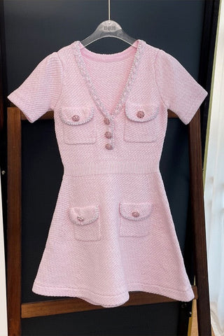 Soft Pink Tweed Knit Mini Dress – Short Sleeve, Pocket Detail