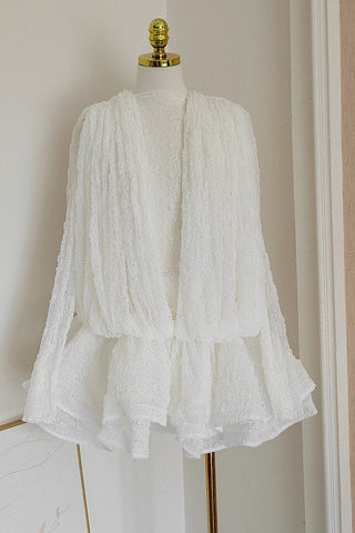 Sleeveless Ruffled Lace Mini Dress with V Neck See Through Top and Inner Shorts