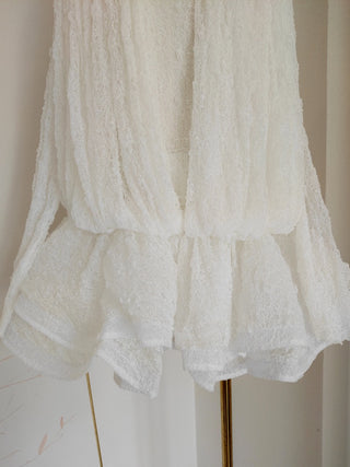 Sleeveless Ruffled Lace Mini Dress with V Neck See Through Top and Inner Shorts