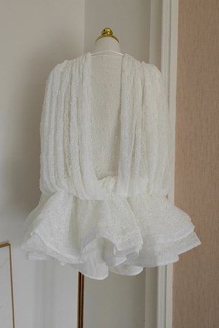 Sleeveless Ruffled Lace Mini Dress with V Neck See Through Top and Inner Shorts