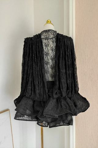 Sleeveless Ruffled Lace Mini Dress with V Neck See Through Top and Inner Shorts