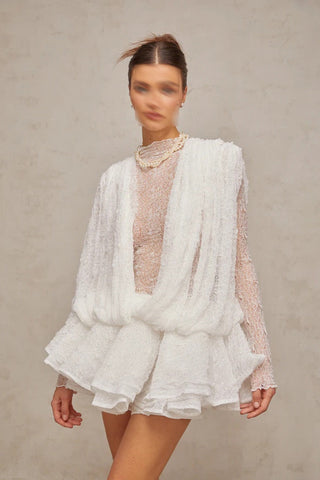 Sleeveless Ruffled Lace Mini Dress with V Neck See Through Top and Inner Shorts