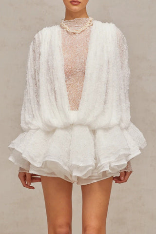 Sleeveless Ruffled Lace Mini Dress with V Neck See Through Top and Inner Shorts