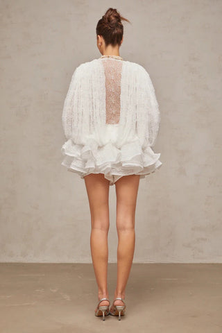 Sleeveless Ruffled Lace Mini Dress with V Neck See Through Top and Inner Shorts