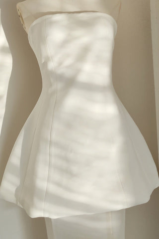 Strapless Crepe Peplum Corset Long Dress with Flowy Mesh Skirt