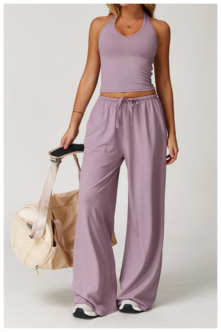Sport Halter Neck Padded Crop Top with Wide Leg High Stretch Pants Set