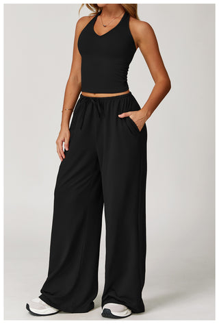 Sport Halter Neck Padded Crop Top with Wide Leg High Stretch Pants Set