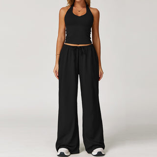 Sport Halter Neck Padded Crop Top with Wide Leg High Stretch Pants Set