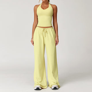 Sport Halter Neck Padded Crop Top with Wide Leg High Stretch Pants Set