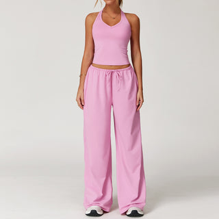 Sport Halter Neck Padded Crop Top with Wide Leg High Stretch Pants Set