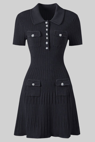 Short Sleeve Knitted Mini Dress with Collar and Pearl Button Pockets