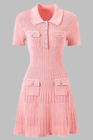 Short Sleeve Knitted Mini Dress with Collar and Pearl Button Pockets