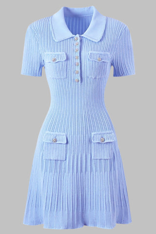 Short Sleeve Knitted Mini Dress with Collar and Pearl Button Pockets