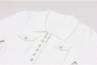 Short Sleeve Knitted Mini Dress with Collar and Pearl Button Pockets
