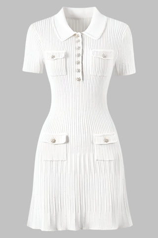 Short Sleeve Knitted Mini Dress with Collar and Pearl Button Pockets