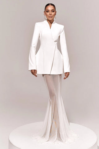 Long-Sleeve Structured Crepe Blazer & Pleated Mesh Skirt Set – Tailored Design