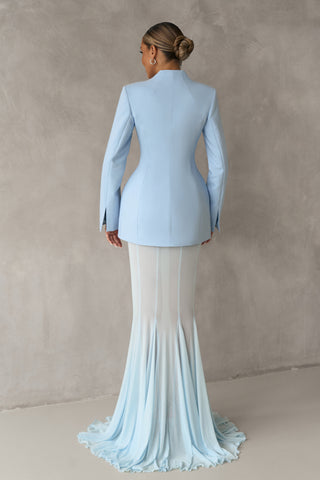 Long-Sleeve Structured Crepe Blazer & Pleated Mesh Skirt Set – Tailored Design