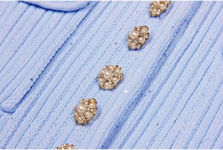 Short Sleeve Knitted Mini Dress with Collar and Pearl Button Pockets