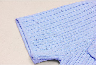 Short Sleeve Knitted Mini Dress with Collar and Pearl Button Pockets