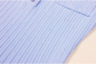 Short Sleeve Knitted Mini Dress with Collar and Pearl Button Pockets