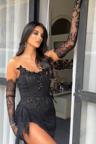 Strapless Black Lace Sheer Panel Long Dress with Gloves