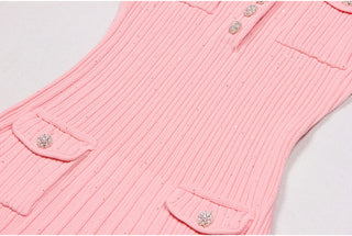 Short Sleeve Knitted Mini Dress with Collar and Pearl Button Pockets