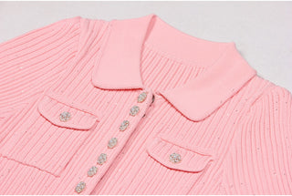Short Sleeve Knitted Mini Dress with Collar and Pearl Button Pockets