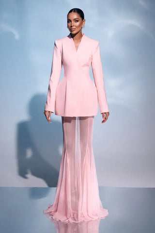 Long-Sleeve Structured Crepe Blazer & Pleated Mesh Skirt Set – Tailored Design