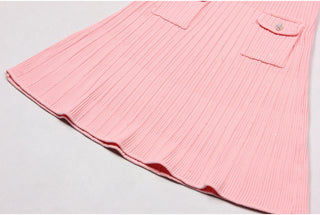 Short Sleeve Knitted Mini Dress with Collar and Pearl Button Pockets