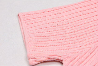 Short Sleeve Knitted Mini Dress with Collar and Pearl Button Pockets