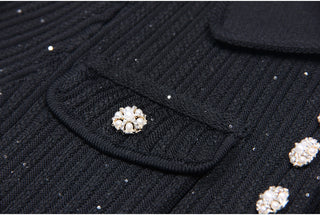 Short Sleeve Knitted Mini Dress with Collar and Pearl Button Pockets