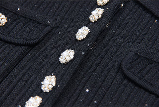 Short Sleeve Knitted Mini Dress with Collar and Pearl Button Pockets