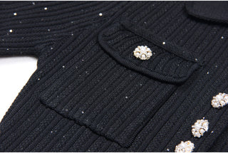 Short Sleeve Knitted Mini Dress with Collar and Pearl Button Pockets